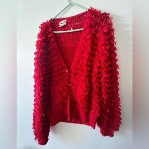 Red Textured Women's Cardigan Sweater